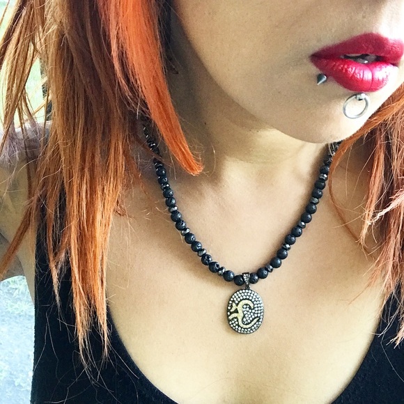 Om sign necklace . Genuine black Lava rock hematite rodhium cz medal boho choker - Picture 7 of 14